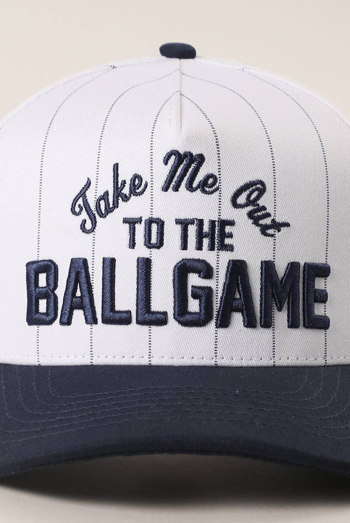Take Me Out to the Ballgame Embroidered Pinstripe Trucker Hat - Navy/White { product_type }}