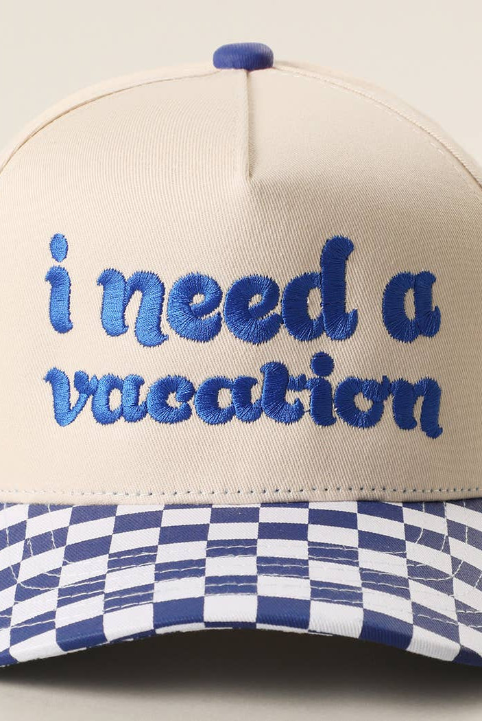 I Need A Vacation Embroidered Checkered Brim Trucker Hat: BLACK / ONE SIZE { product_type }}