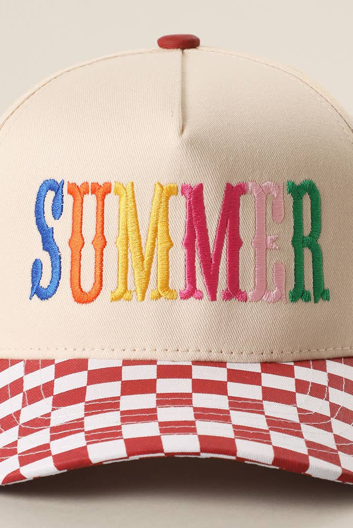SUMMER Embroidered Checkered Brim Trucker Hat: BLUE / ONE SIZE { product_type }}