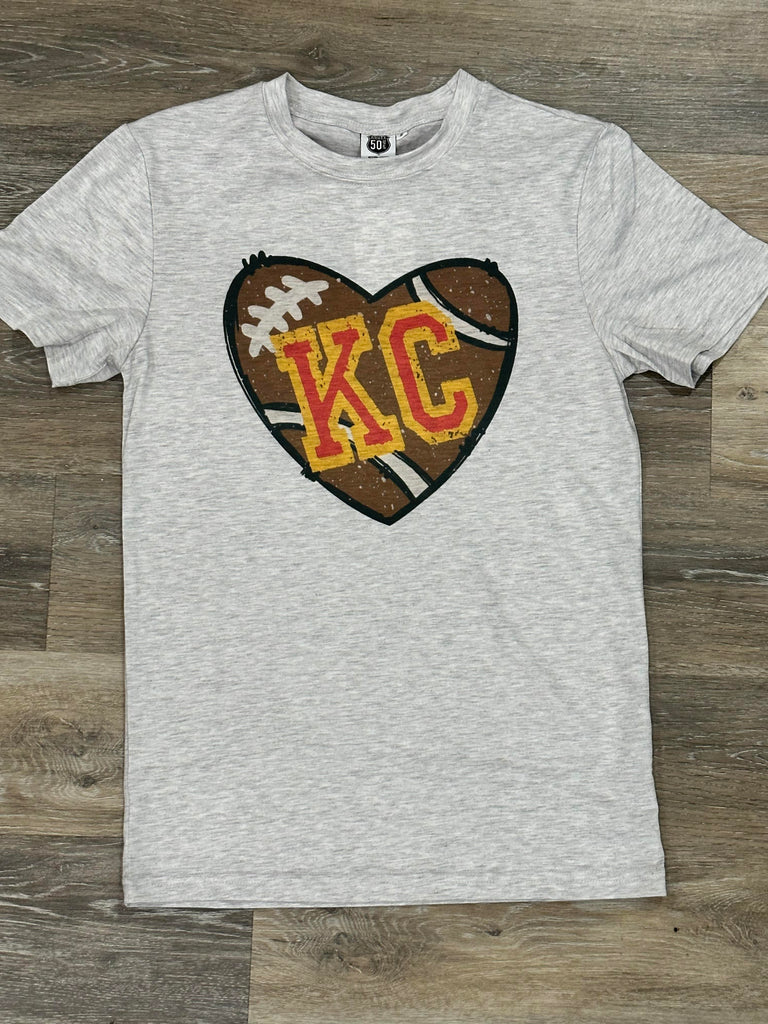 Kc Heart Football-Graphic Tees-Tres Birdos Graphic Tees-Three Birdies Boutique, Women's Fashion Boutique Located in Kearney, MO