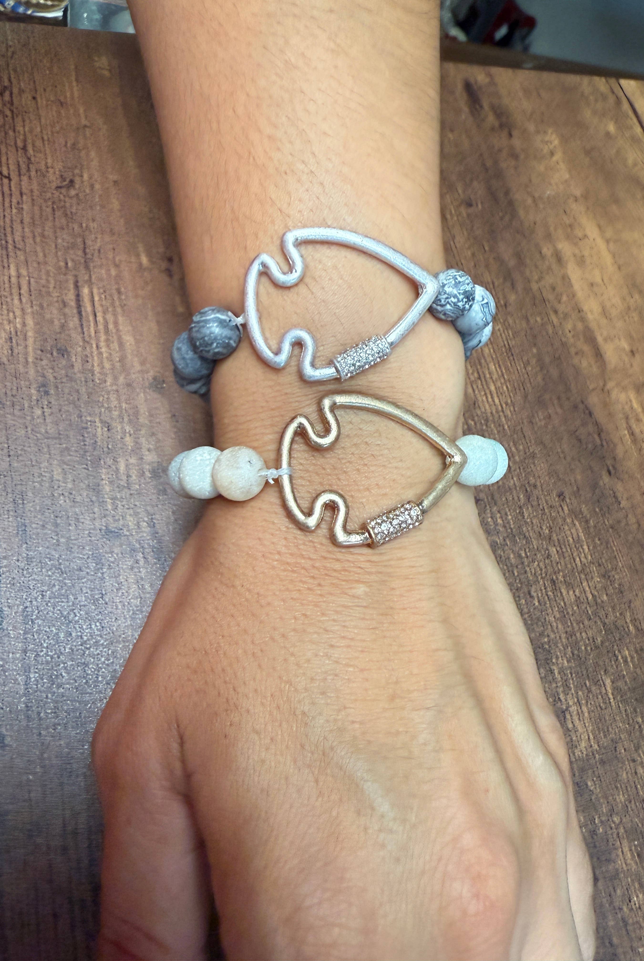 NEW! Bling Arrowhead Chunky Stone Stretch Bracelet: Map Jasper-Paco Designs-Three Birdies Boutique, Women's Fashion Boutique Located in Kearney, MO