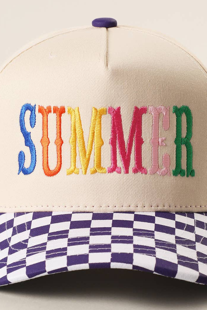 SUMMER Embroidered Checkered Brim Trucker Hat: BLUE / ONE SIZE { product_type }}