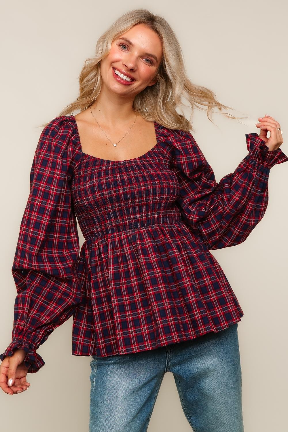Red/Blue Babydoll Top-Sweaters-Haptics-Three Birdies Boutique, Women's Fashion Boutique Located in Kearney, MO