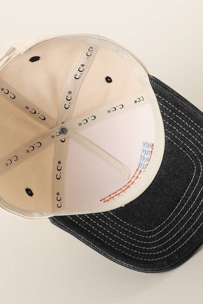 Floral American Flag Embroidered Two-Tone Denim Trucker Hat: LT DENIM / ONE SIZE { product_type }}