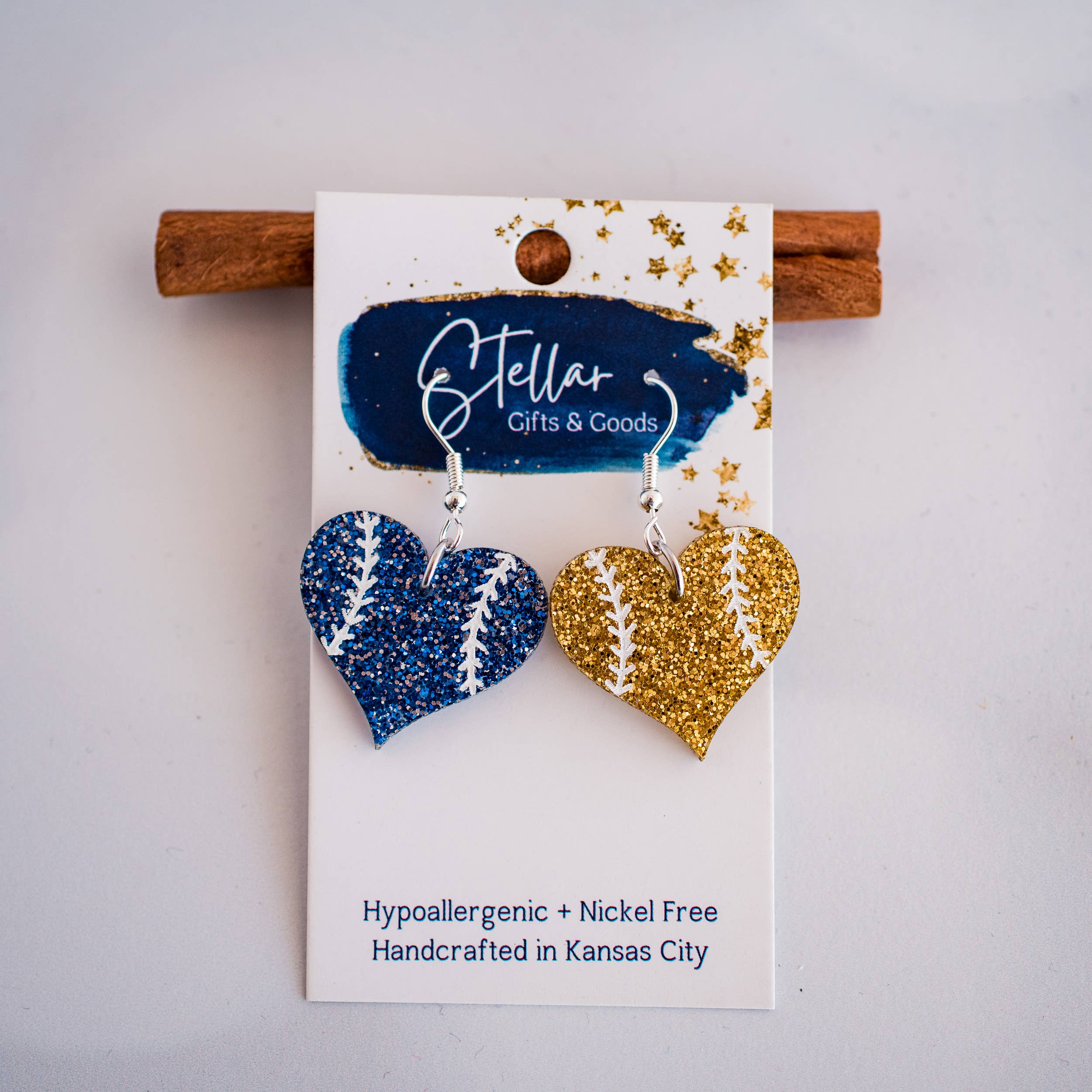 KC Baseball Blue & Gold Baseball Heart Dangles { product_type }}