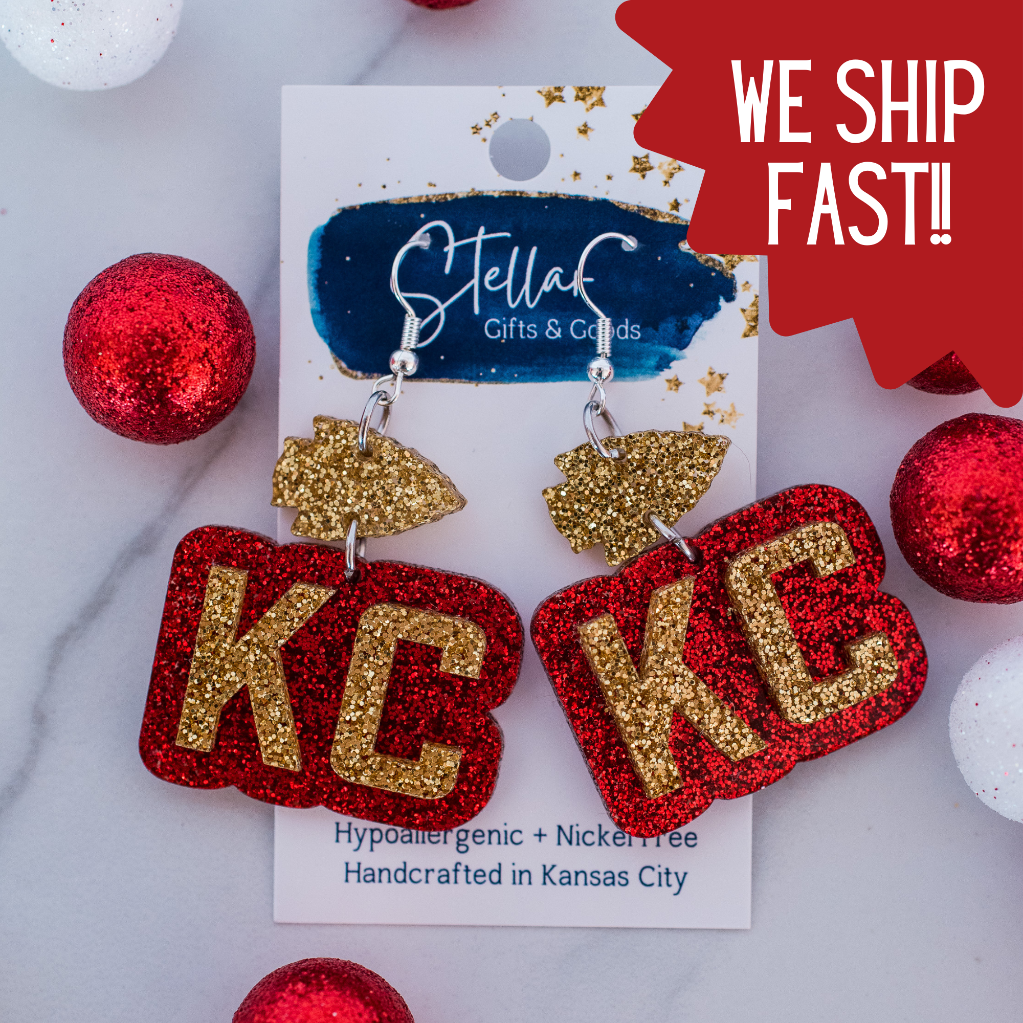 Kansas City Football Glitter KC Arrowhead Double Layer Drops { product_type }}
