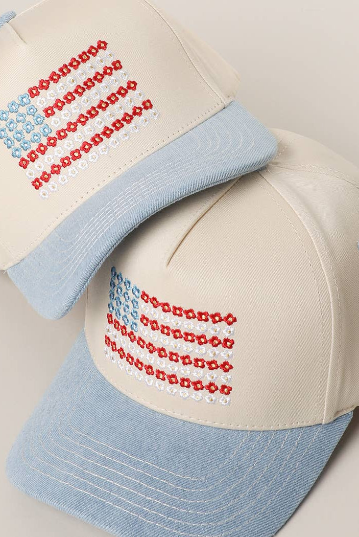 Floral American Flag Embroidered Two-Tone Denim Trucker Hat: LT DENIM / ONE SIZE { product_type }}