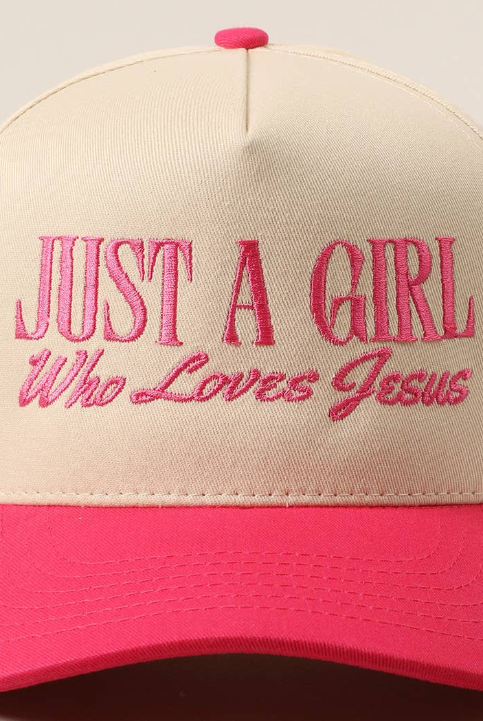 Just A Girl Who Loves Jesus Embroidery Trucker Hat: Hot Pink / ONE SIZE { product_type }}