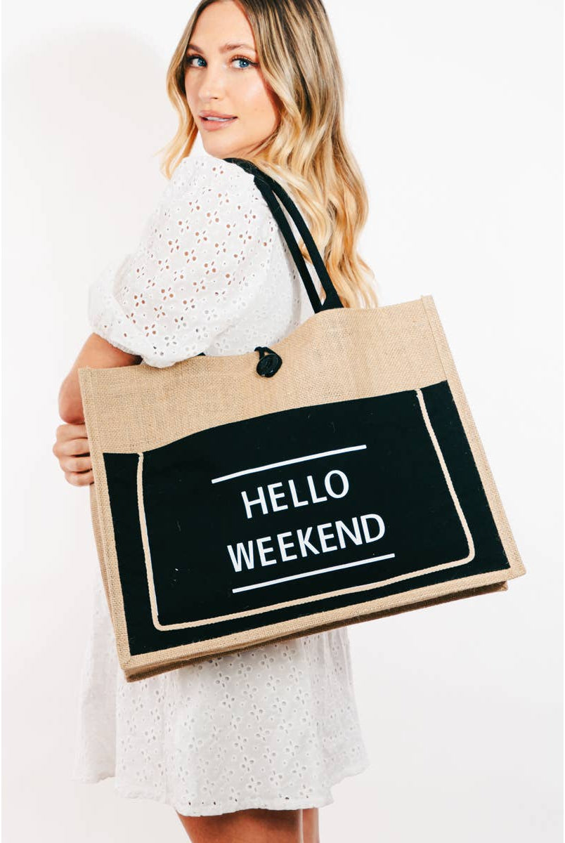 Hello Weekend Burlap Tote Bag: IV { product_type }}
