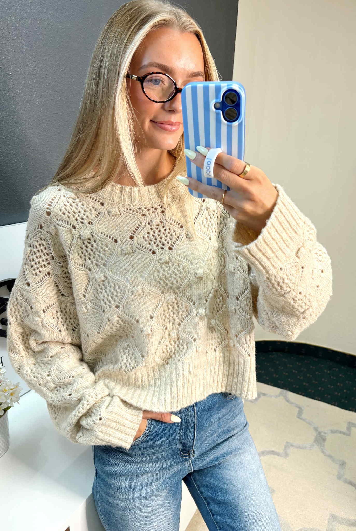 Cream Textured Sweater-Sweaters-White Birch-Three Birdies Boutique, Women's Fashion Boutique Located in Kearney, MO