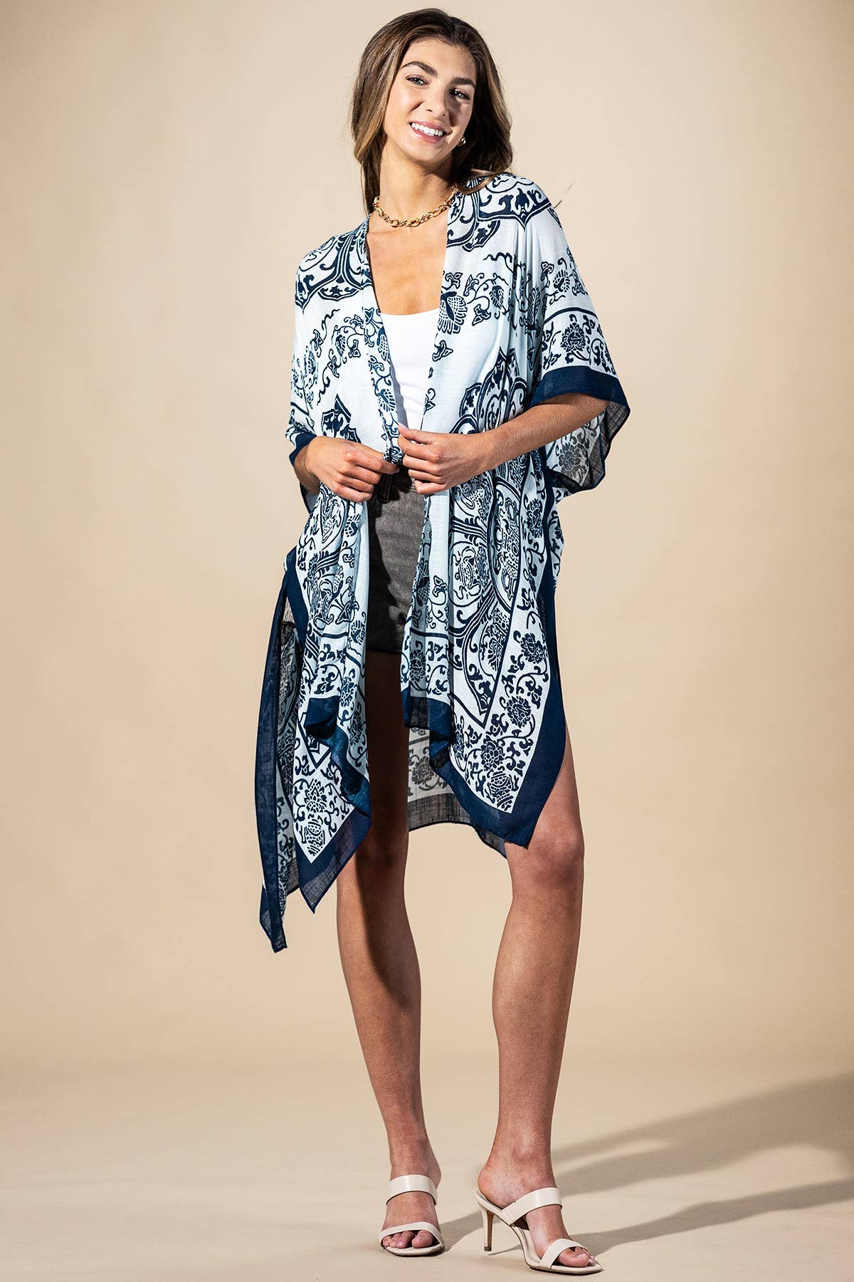 Santorini Mandala Viscose Kimono: Royal Mandala-Urbanista-Three Birdies Boutique, Women's Fashion Boutique Located in Kearney, MO