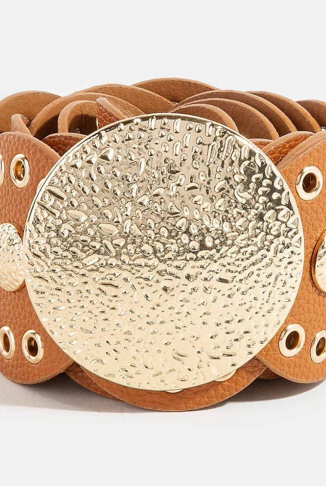 Hammered Disc Accent Faux Leather Panel Link Belt: BZS { product_type }}