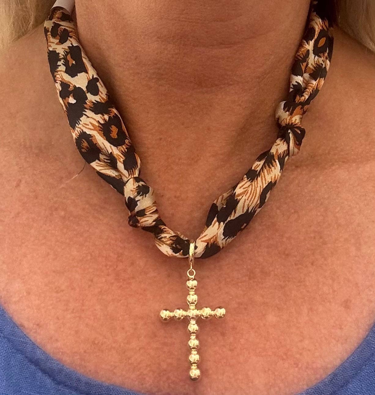 Cheetah Print Knotted Scarf Necklace with Cross Charm { product_type }}