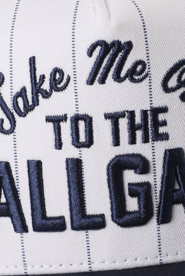 Take Me Out to the Ballgame Embroidered Pinstripe Trucker Hat - Navy/White { product_type }}