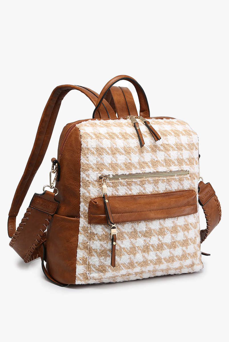 Amelia Houndstooth Convertible Backpack with Whipstitch Strap - Sand/White { product_type }}