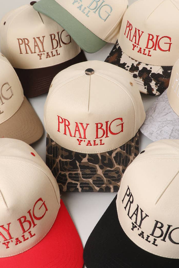 PRAY BIG Y'ALL Embroidery Two-Tone Trucker Hat: LEOPARD / One Size { product_type }}
