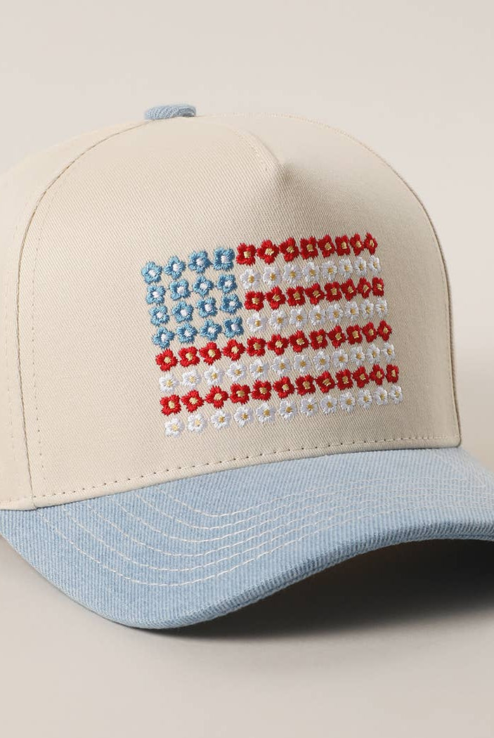 Floral American Flag Embroidered Two-Tone Denim Trucker Hat: LT DENIM / ONE SIZE { product_type }}