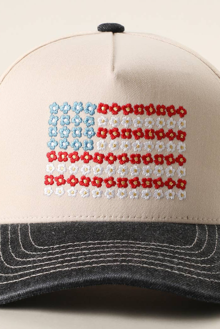 Floral American Flag Embroidered Two-Tone Denim Trucker Hat: LT DENIM / ONE SIZE { product_type }}
