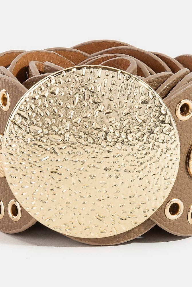 Hammered Disc Accent Faux Leather Panel Link Belt: BR { product_type }}