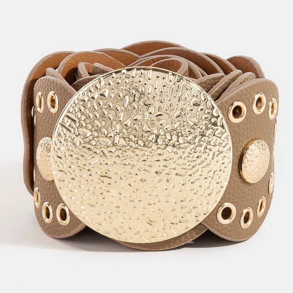 Hammered Disc Accent Faux Leather Panel Link Belt: BZG { product_type }}