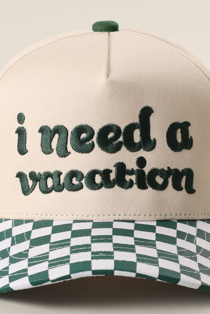 I Need A Vacation Embroidered Checkered Brim Trucker Hat: BLACK / ONE SIZE { product_type }}