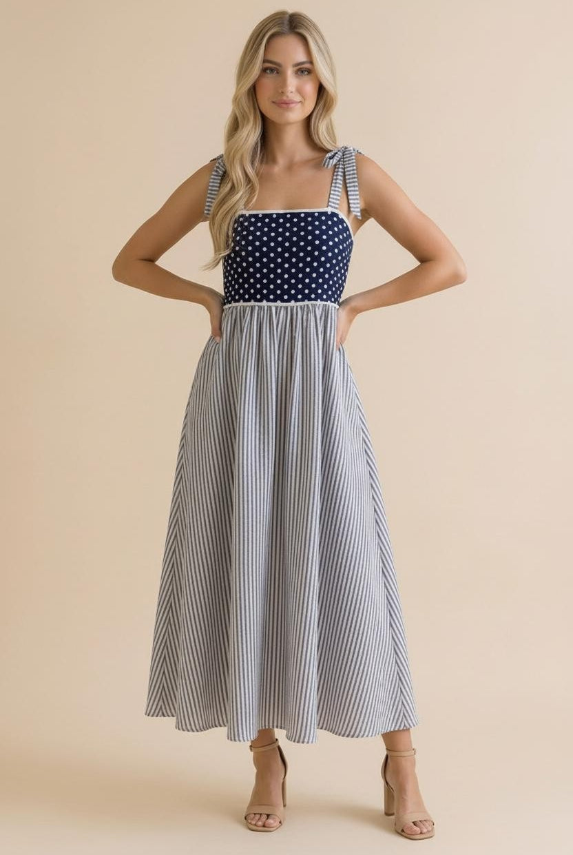 Polka Dot Striped Midi Dress-Dresses-Haptics-Three Birdies Boutique, Women's Fashion Boutique Located in Kearney, MO