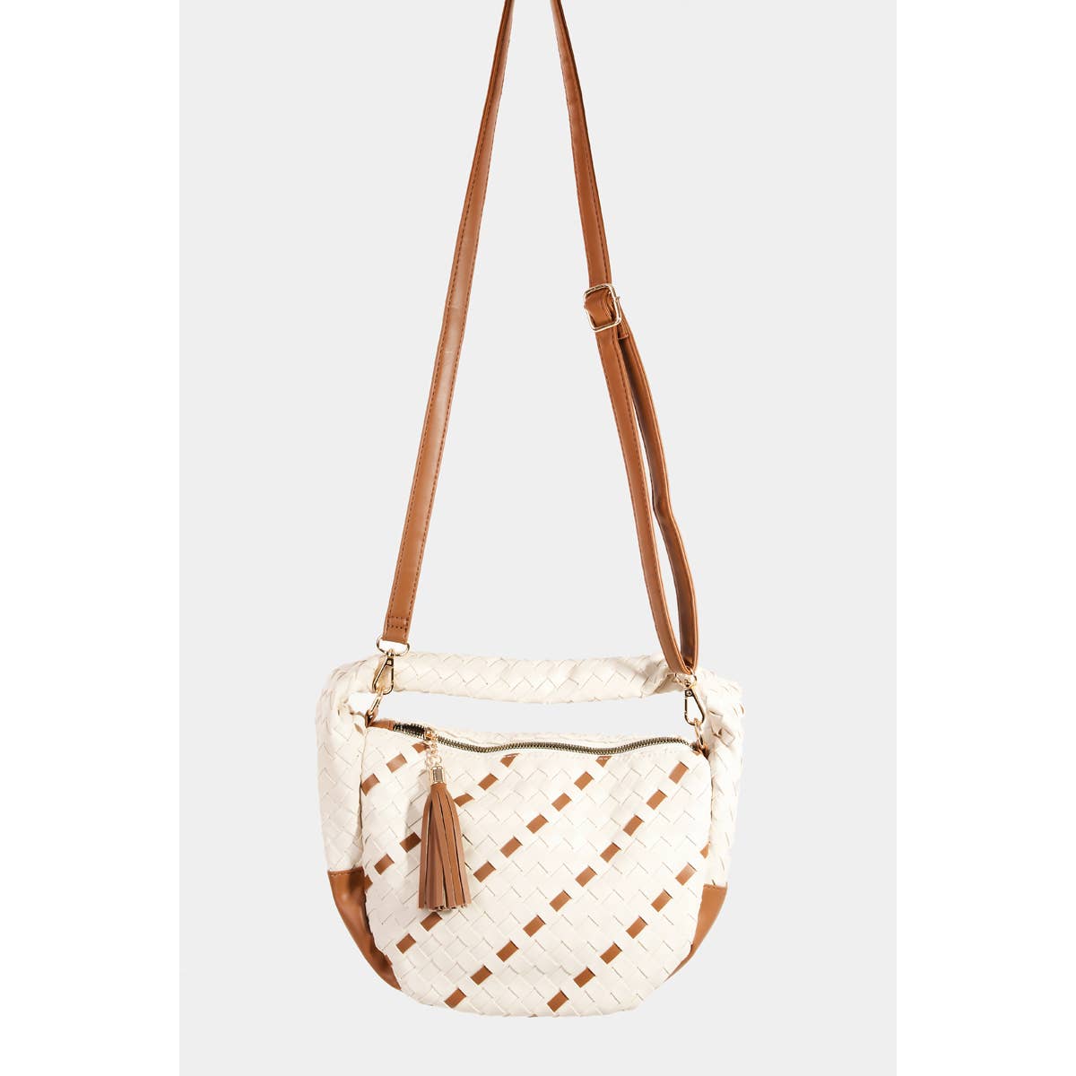 Faux Leather Basket Weave Semi Circle Bag: IV { product_type }}
