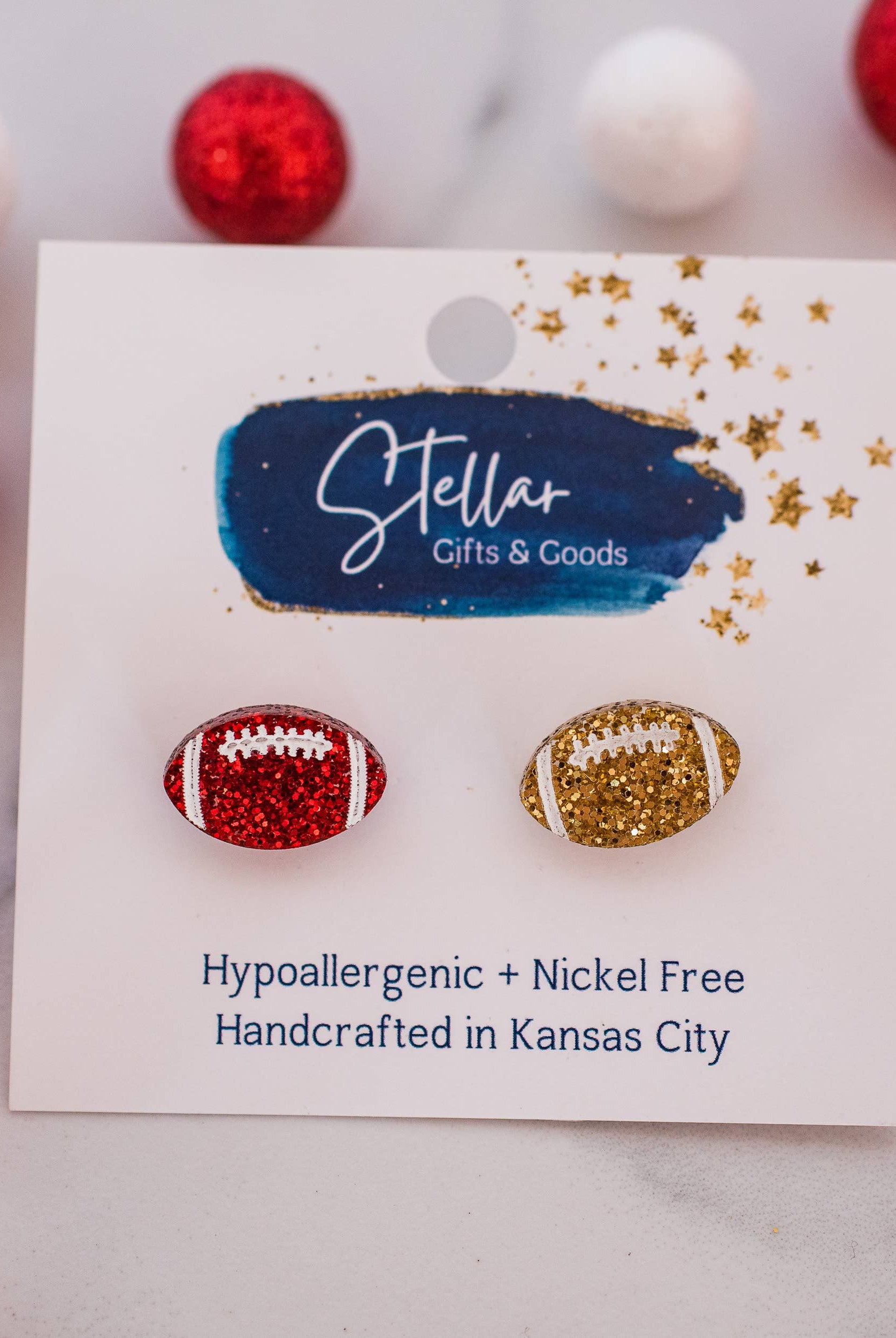 Kansas City Football Glitter Hand Painted Football Studs-Jewelry-Stellar Gifts & Goods Wholesale-Three Birdies Boutique, Women's Fashion Boutique Located in Kearney, MO