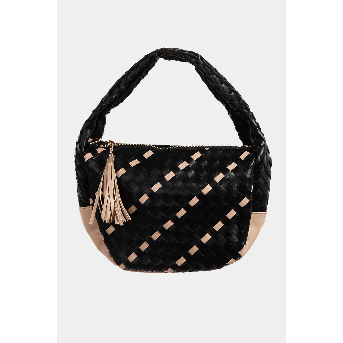 Faux Leather Basket Weave Semi Circle Bag: BK { product_type }}