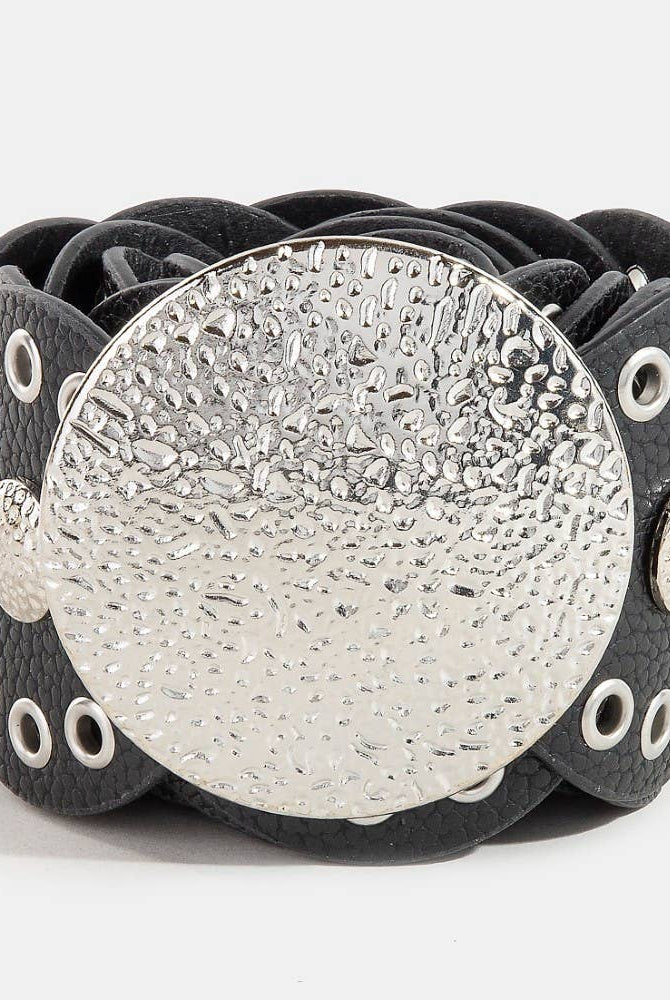 Hammered Disc Accent Faux Leather Panel Link Belt: BZS { product_type }}