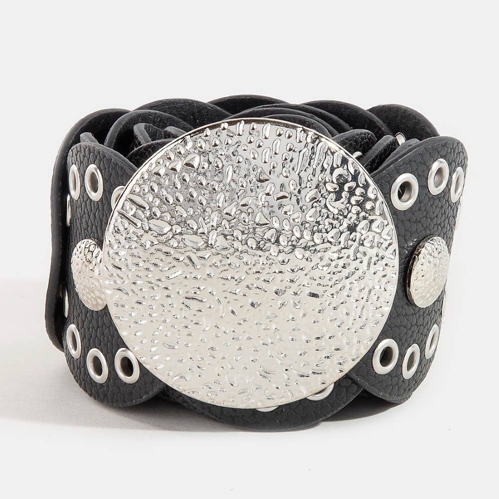 Hammered Disc Accent Faux Leather Panel Link Belt: BZS { product_type }}