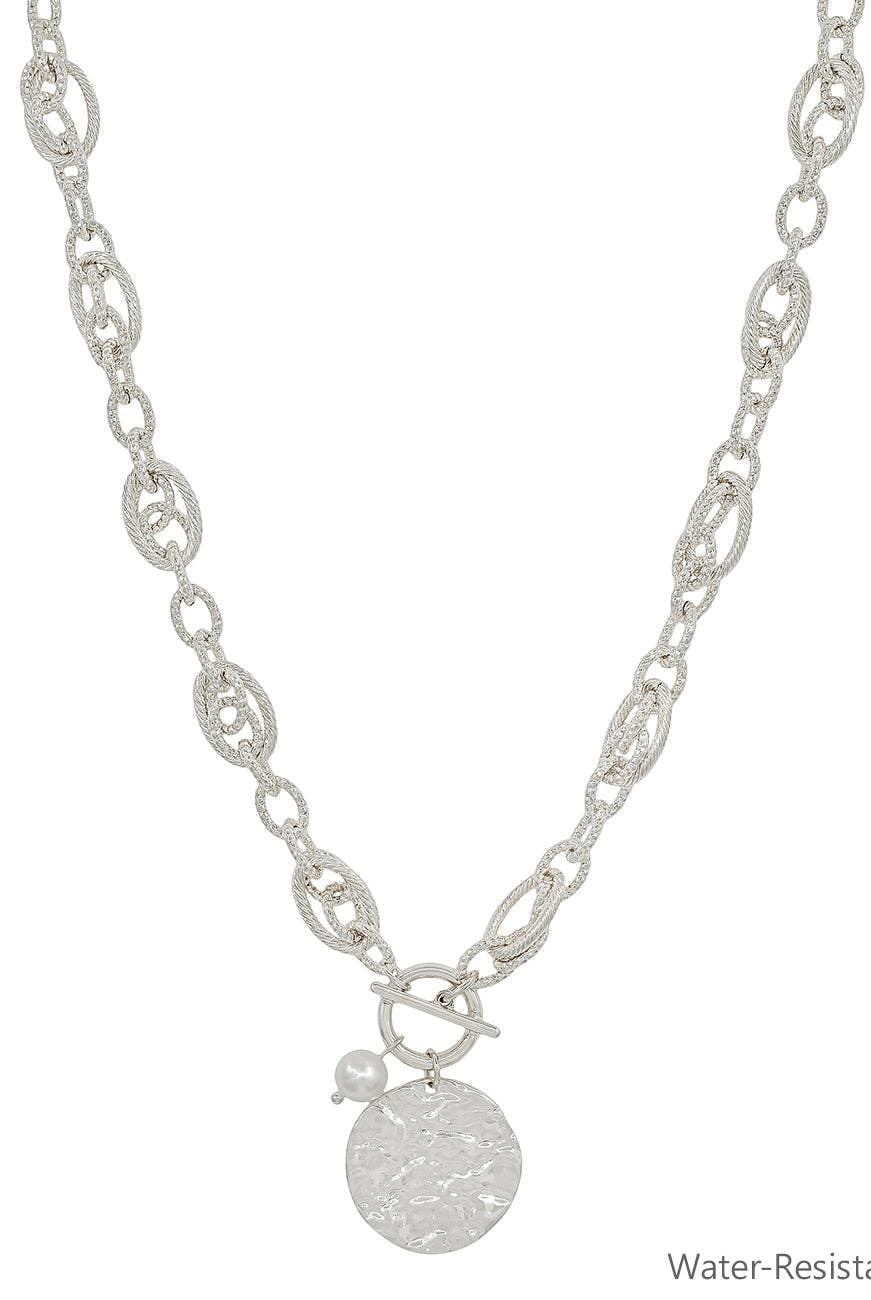 Silver Chain with Hammered Coin and Pearl Necklace-Accessories-What's Hot-Three Birdies Boutique, Women's Fashion Boutique Located in Kearney, MO