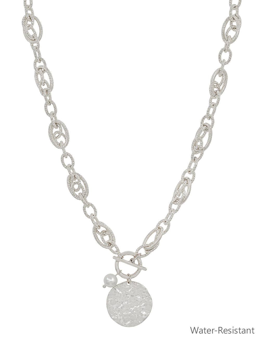 Silver Chain with Hammered Coin and Pearl Necklace { product_type }}
