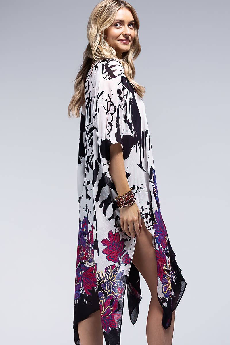 Monotone Flower Print Kimono { product_type }}