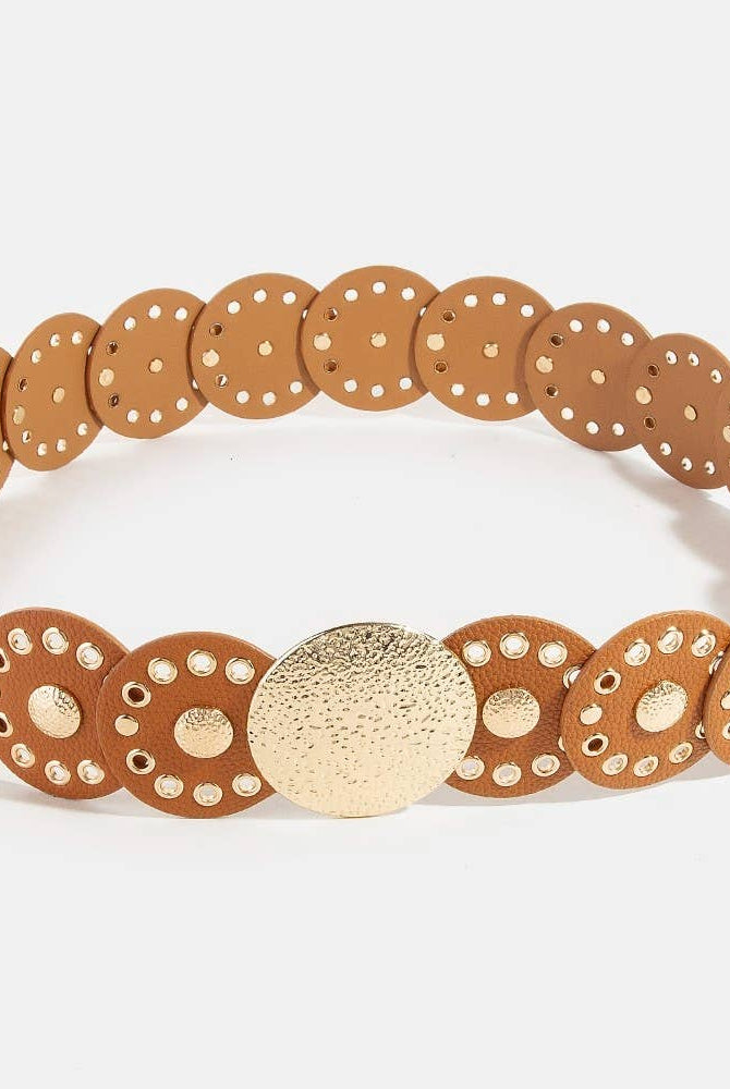 Hammered Disc Accent Faux Leather Panel Link Belt: BR { product_type }}