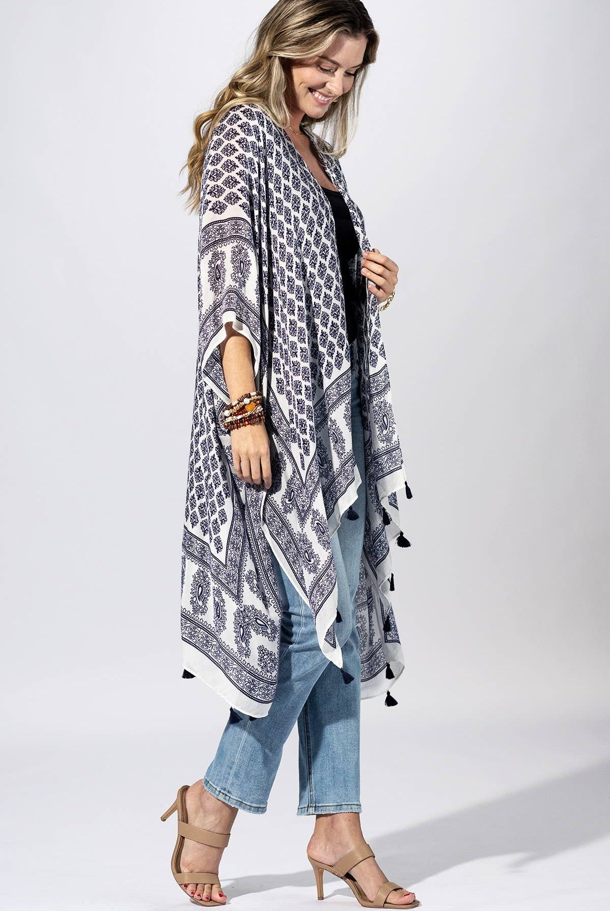 Indigo Mosaic Border Kimono { product_type }}