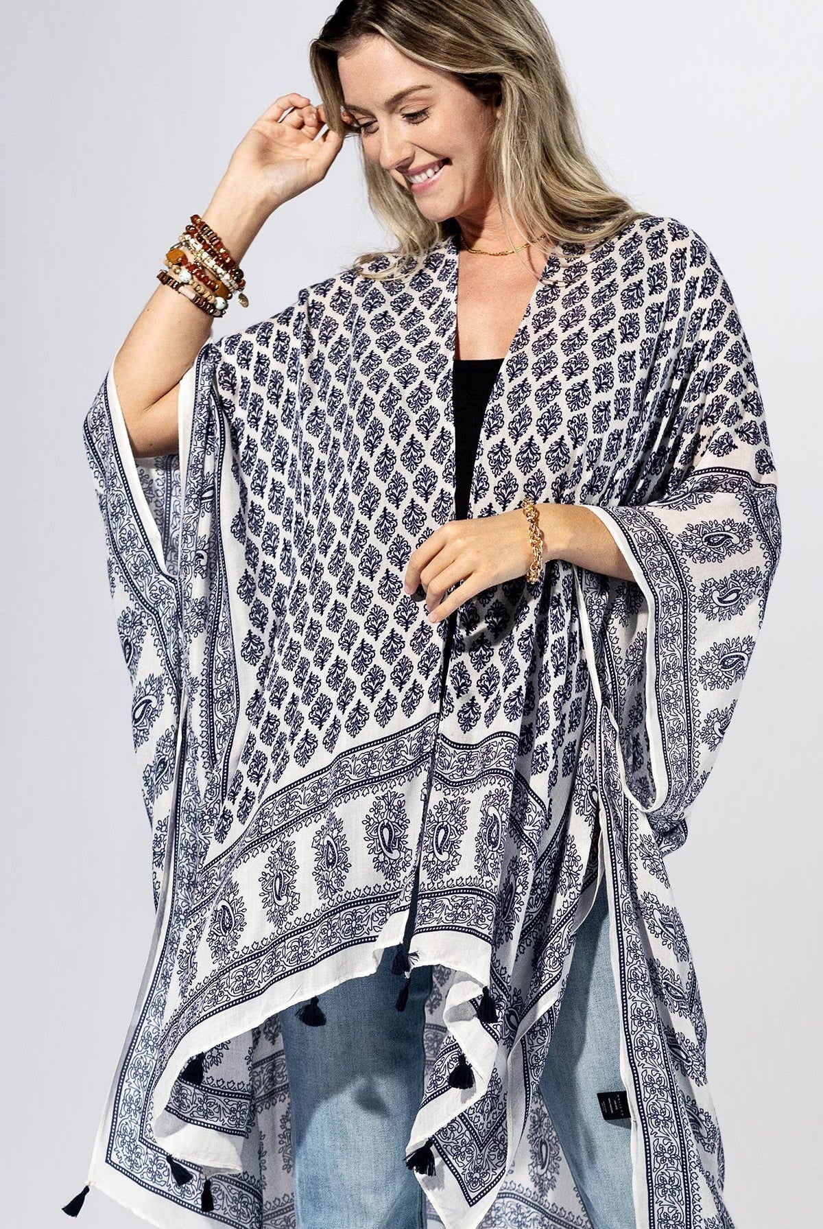 Indigo Mosaic Border Kimono { product_type }}