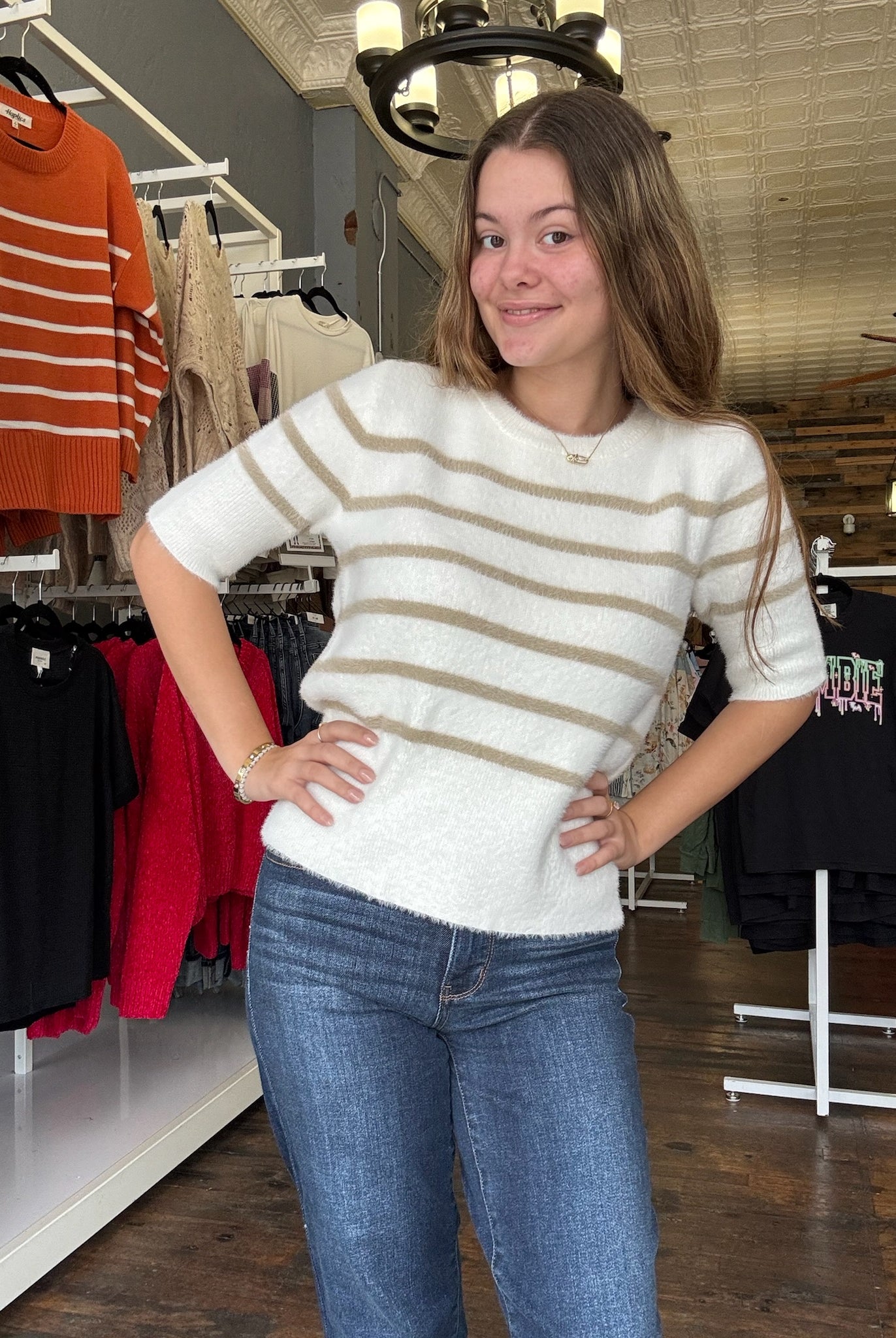 White Birch Short Sleeve Striped Knit Top-Shirts & Tops-White Birch-Three Birdies Boutique, Women's Fashion Boutique Located in Kearney, MO