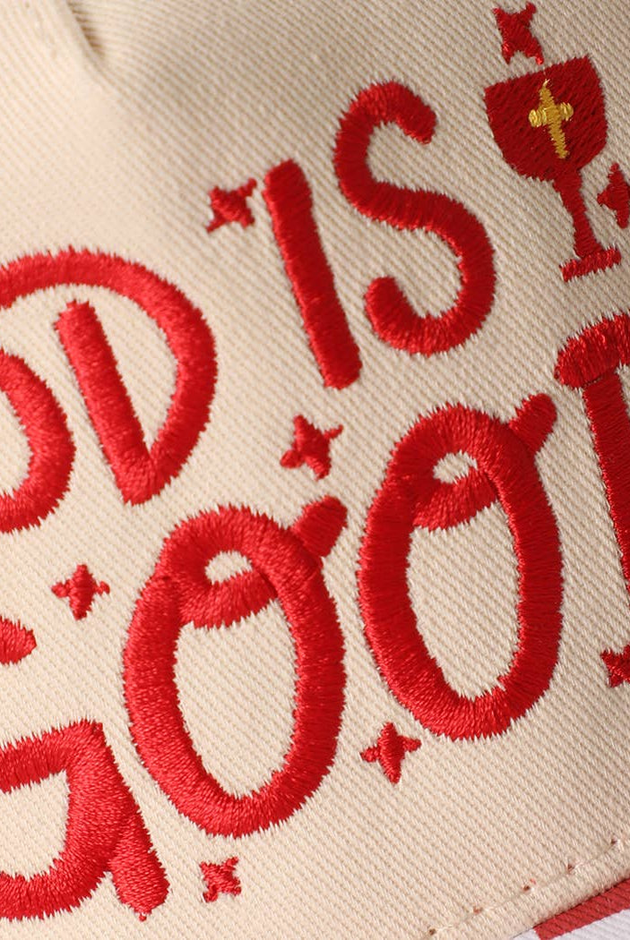 GOD IS GOOD Embroidered Checkered Brim Trucker Hat: RED / ONE SIZE { product_type }}