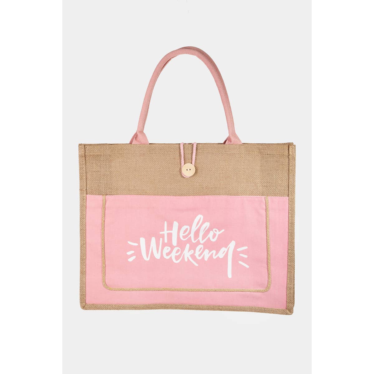 Hello Weekend Burlap Tote Bag: BK { product_type }}