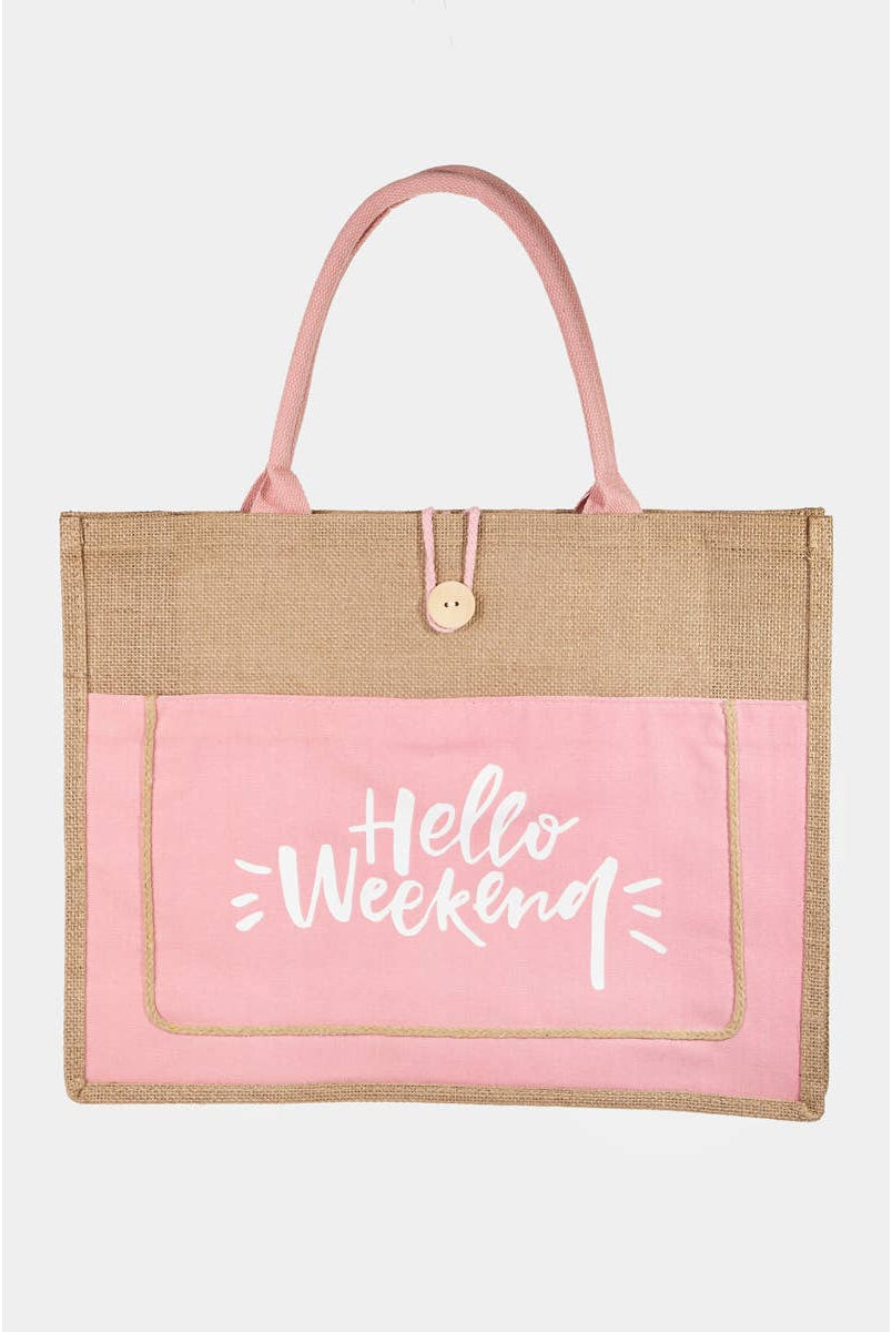 Hello Weekend Burlap Tote Bag: IV { product_type }}