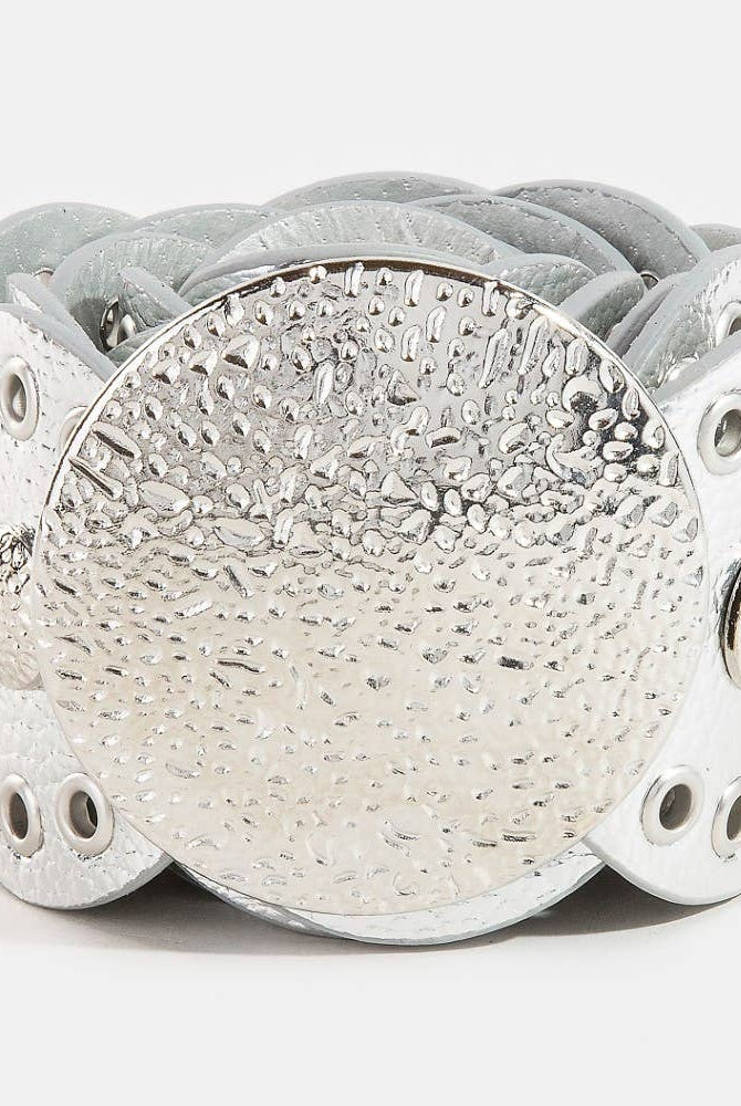 Hammered Disc Accent Faux Leather Panel Link Belt: BZG { product_type }}