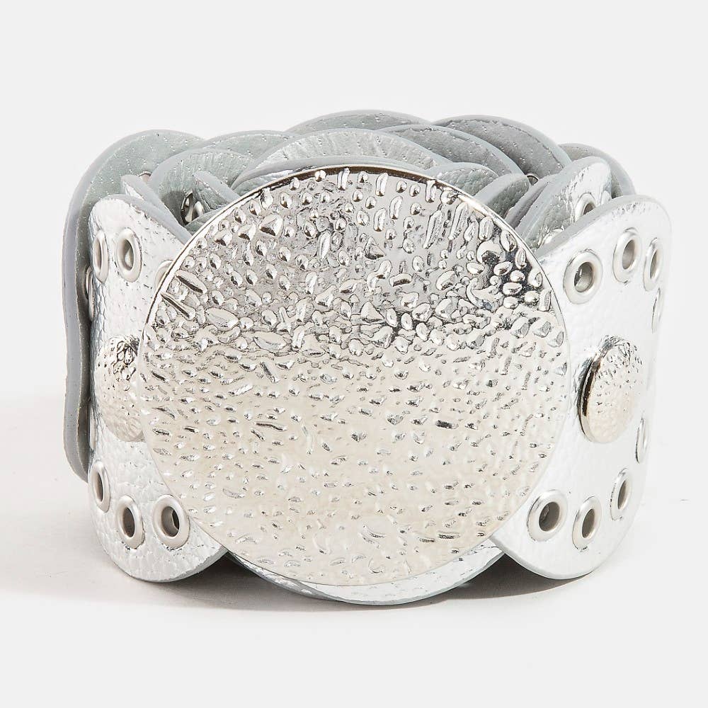 Hammered Disc Accent Faux Leather Panel Link Belt: BZS { product_type }}
