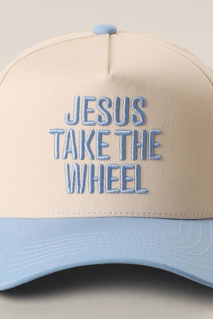 JESUS TAKE THE WHEEL 3D Embroidered Two-Tone Trucker Hat - Sky Blue { product_type }}