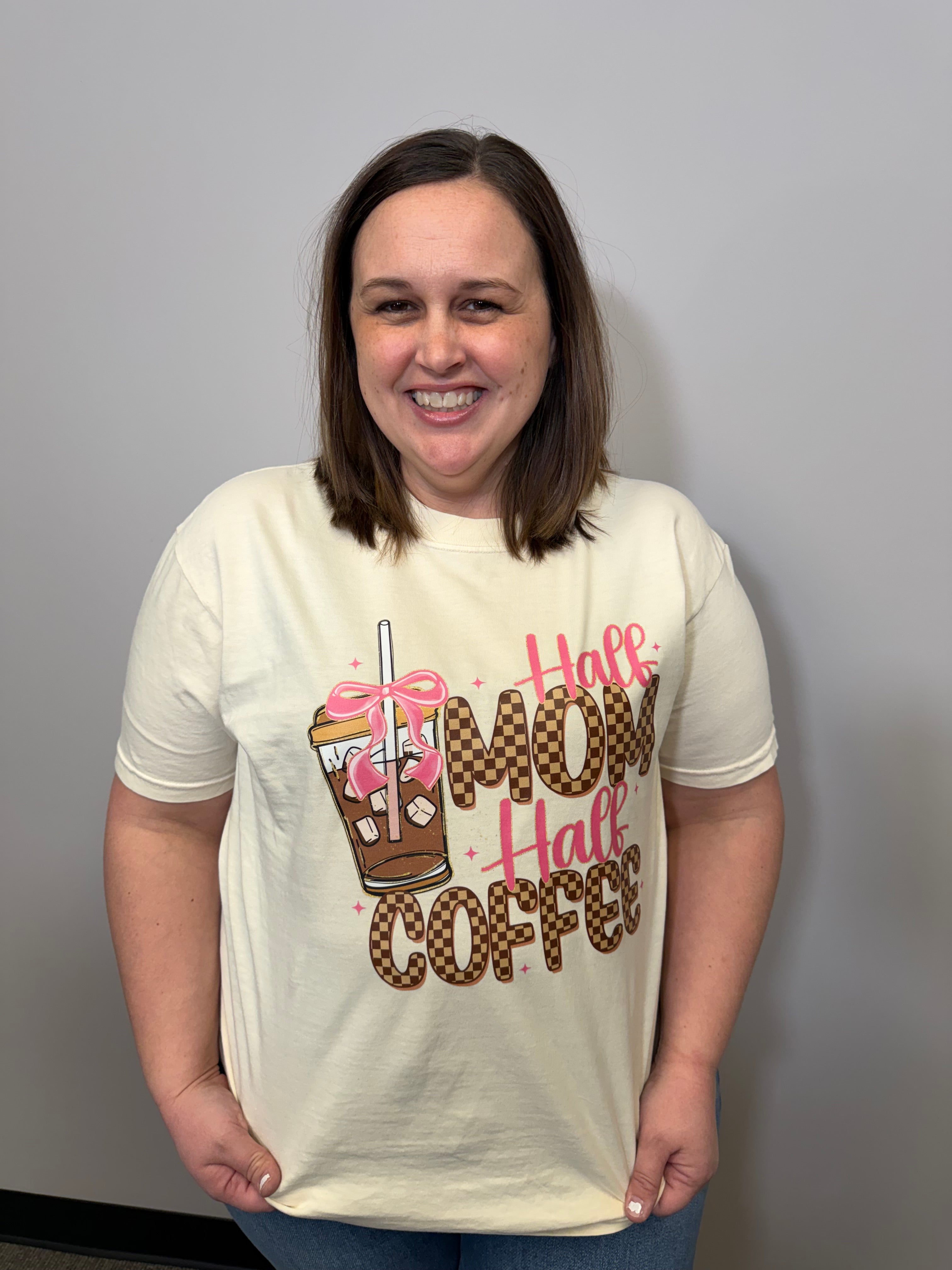 Half Mom Half Coffee Crewneck-Graphic Tees-Tres Birdos Graphic Tees-Three Birdies Boutique, Women's Fashion Boutique Located in Kearney, MO