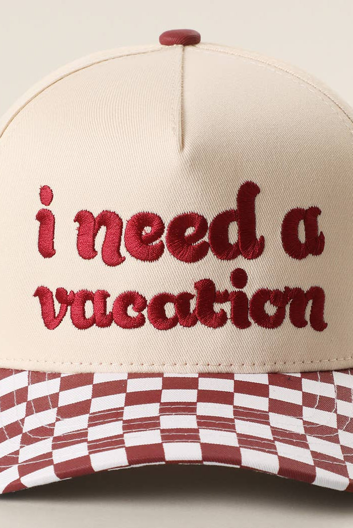 I Need A Vacation Embroidered Checkered Brim Trucker Hat: BLACK / ONE SIZE { product_type }}