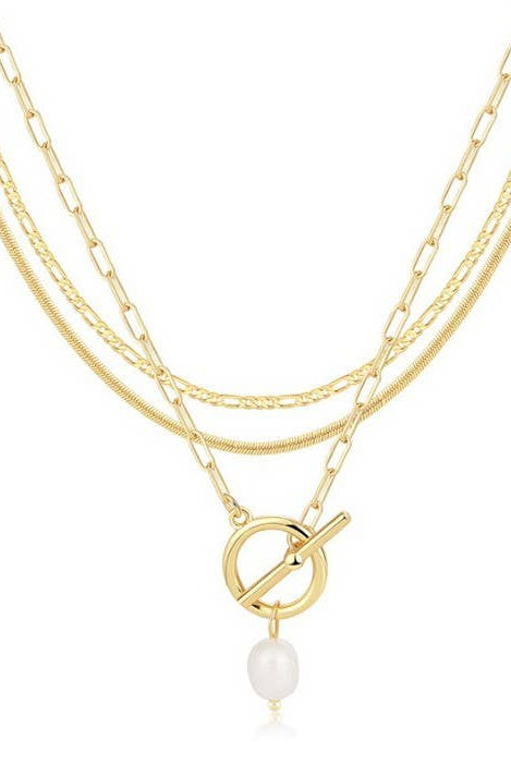 Layered Gold Necklace with Pearl Pendant { product_type }}