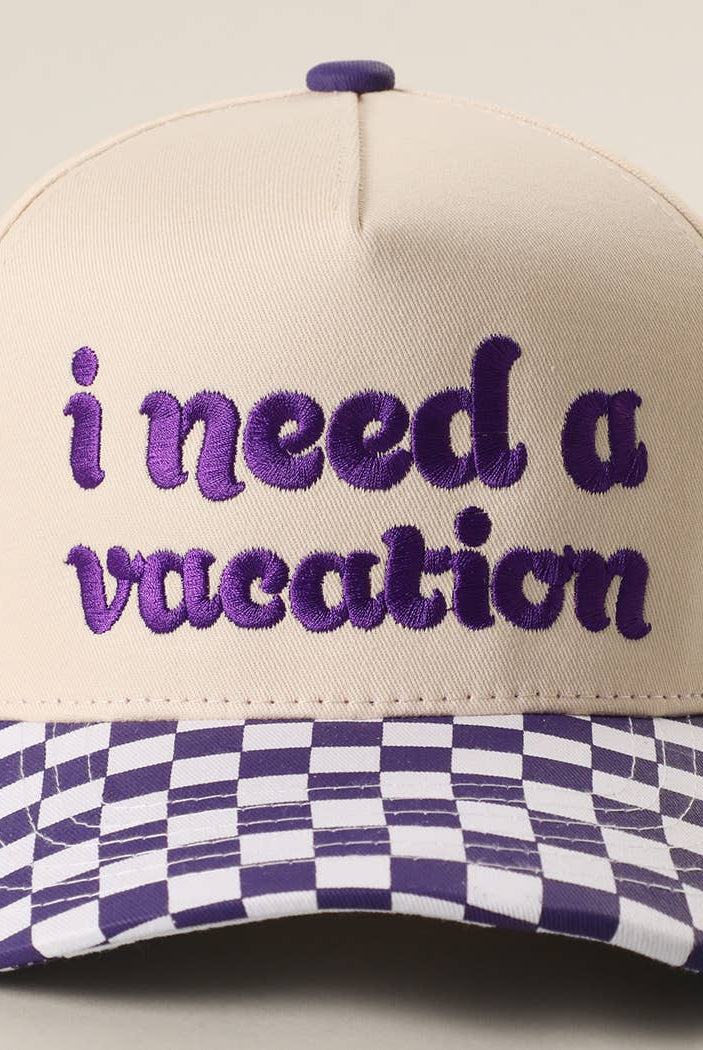 I Need A Vacation Embroidered Checkered Brim Trucker Hat: BLACK / ONE SIZE { product_type }}