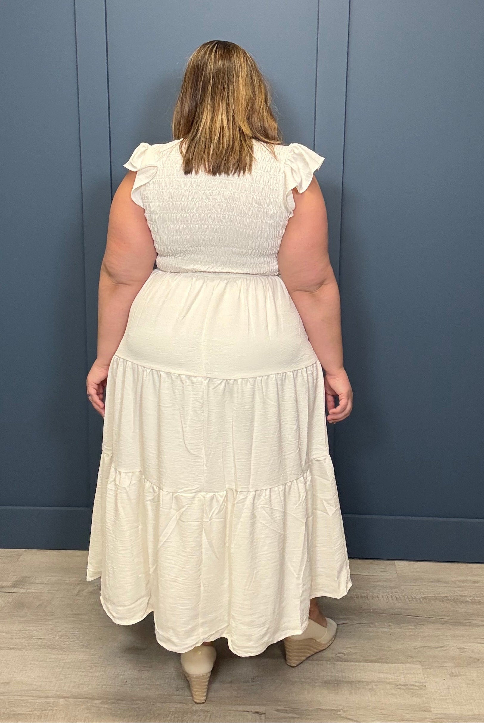 Tiered V-Neck Smocked Short Sleeve Midi Dress { product_type }}