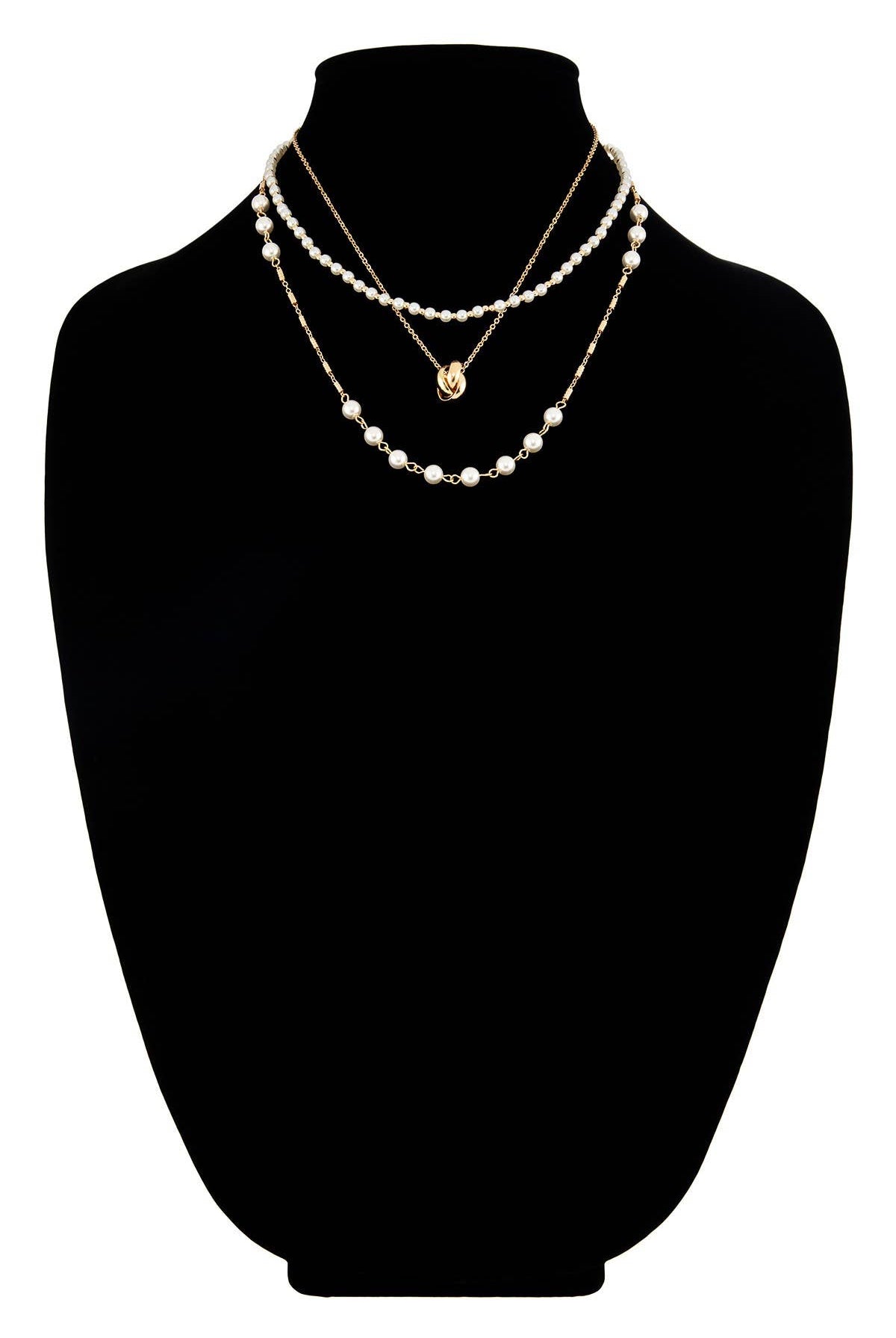 Silver Triple Layer Pearl and Chain Link Necklace { product_type }}